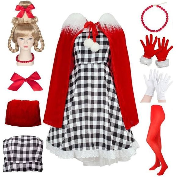 8pcs Cindy Lou Who Costume Adult Women Cindy Wig Dress Cape Accessoriess🫱 - Picture 1 of 7